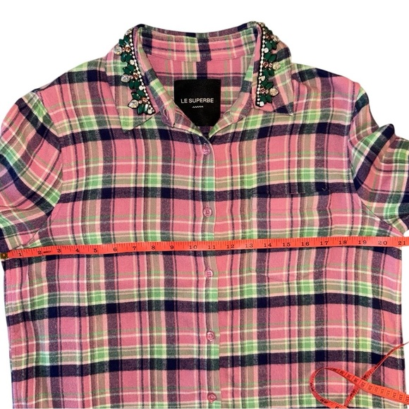 LE SUPERBE Rhinestone Collar Flannel Plaid Button Down Shirt | Cowgirl | Pink 2 - Picture 8 of 11